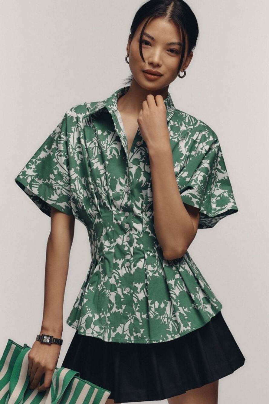 EXQUISE Madilynn Short Sleeve Pleated Blouse Green Button Front Women's XS
